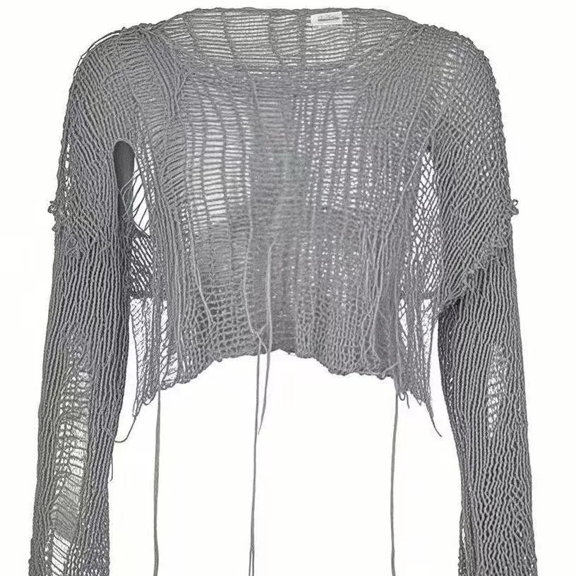 Women Y2K Cropped Cutout Knit Sweater Hollow Out Long Sleeve Sheer Pullover Top