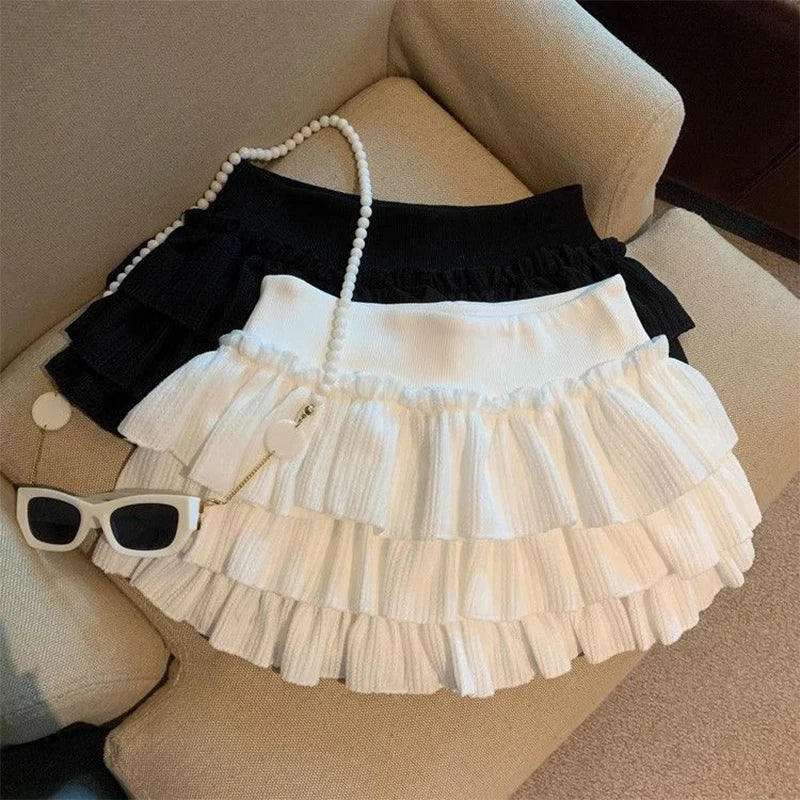 Women Ruffle Mini Skirt Elastic Waist Puffy Cake Style Korean Casual Skirt