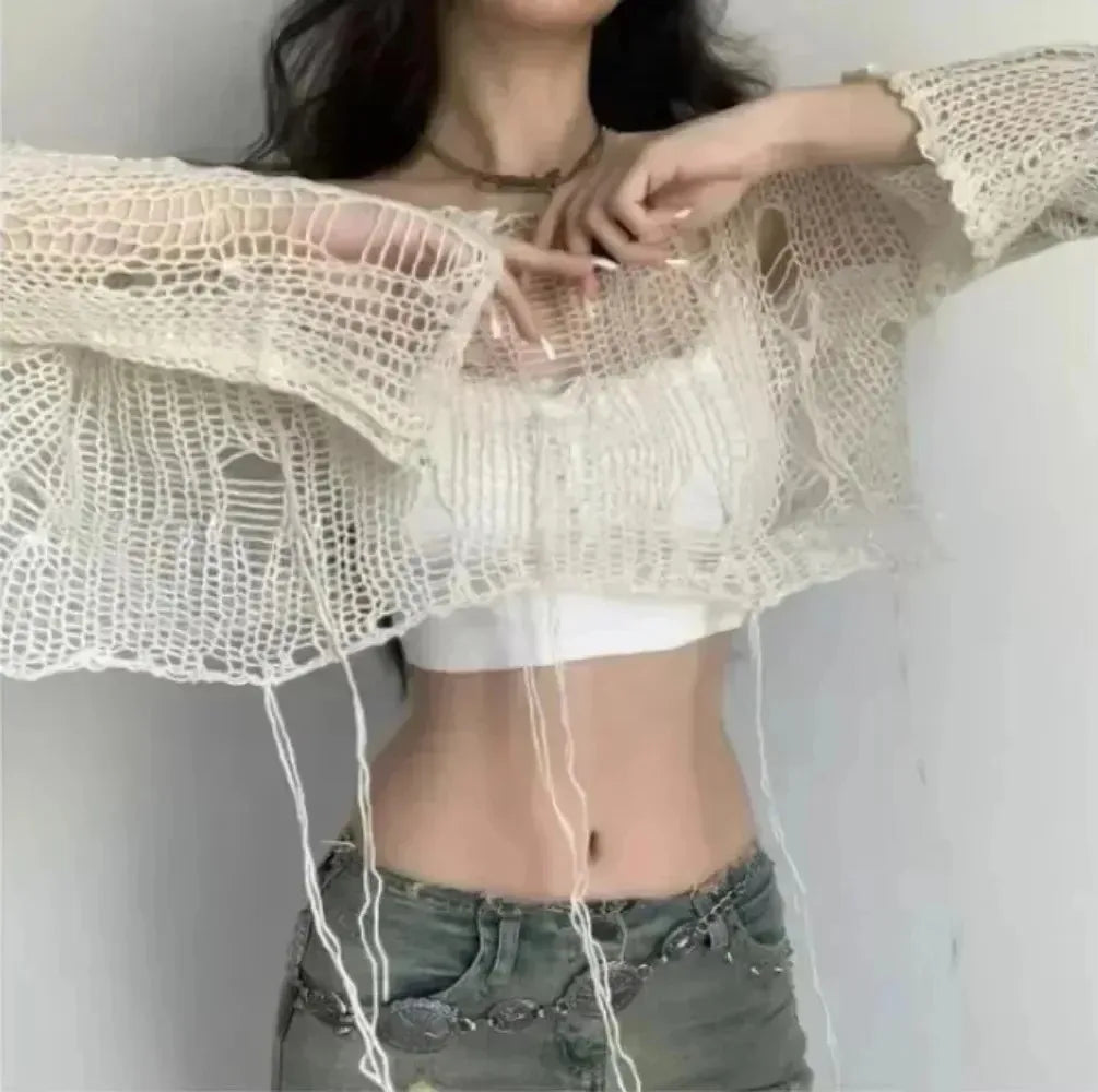Women Y2K Cropped Cutout Knit Sweater Hollow Out Long Sleeve Sheer Pullover Top