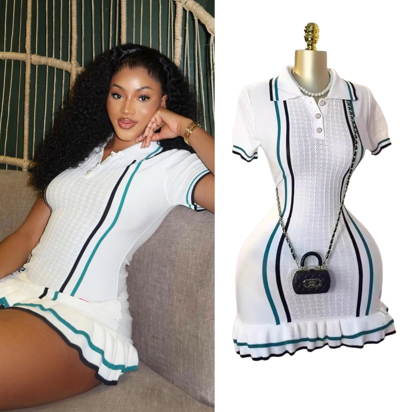 Women Knitted Mini Dress Turn Down Collar Ruffle Hem Slim Fit Summer Party Streetwear Dress