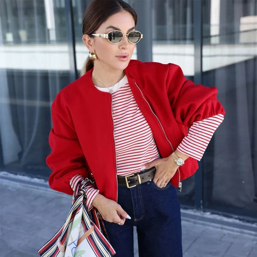 Women Red Cropped Bomber Jacket Zip Up Long Sleeve Sports Outerwear