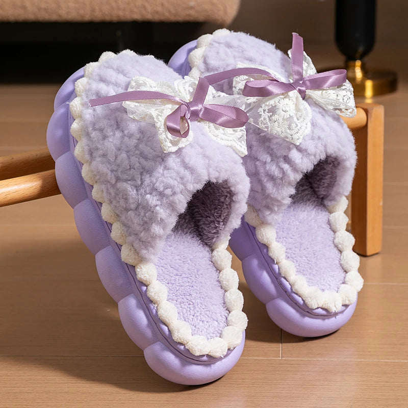 Women Winter Fur Slippers Thick Sole Non Slip Plush Home Indoor Bow Warm Shoes