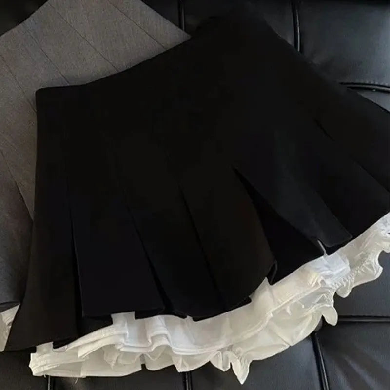 Women Ruffle Pleated Mini Skirt High Waist A Line