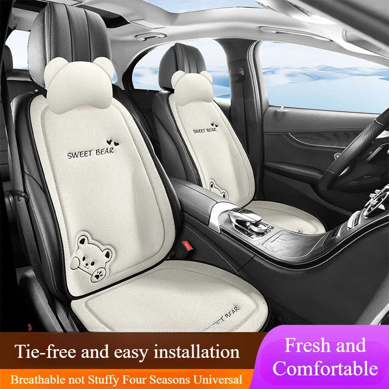 Cute Bear Car Seat Cushion Breathable Anti Slip Linen Seat Cover Universal