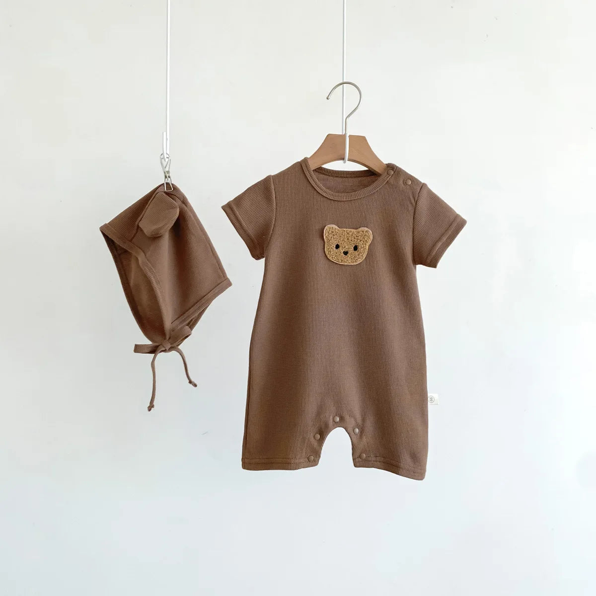 Baby Waffle Cotton Romper Short Sleeve Bear Jumpsuit with Hat