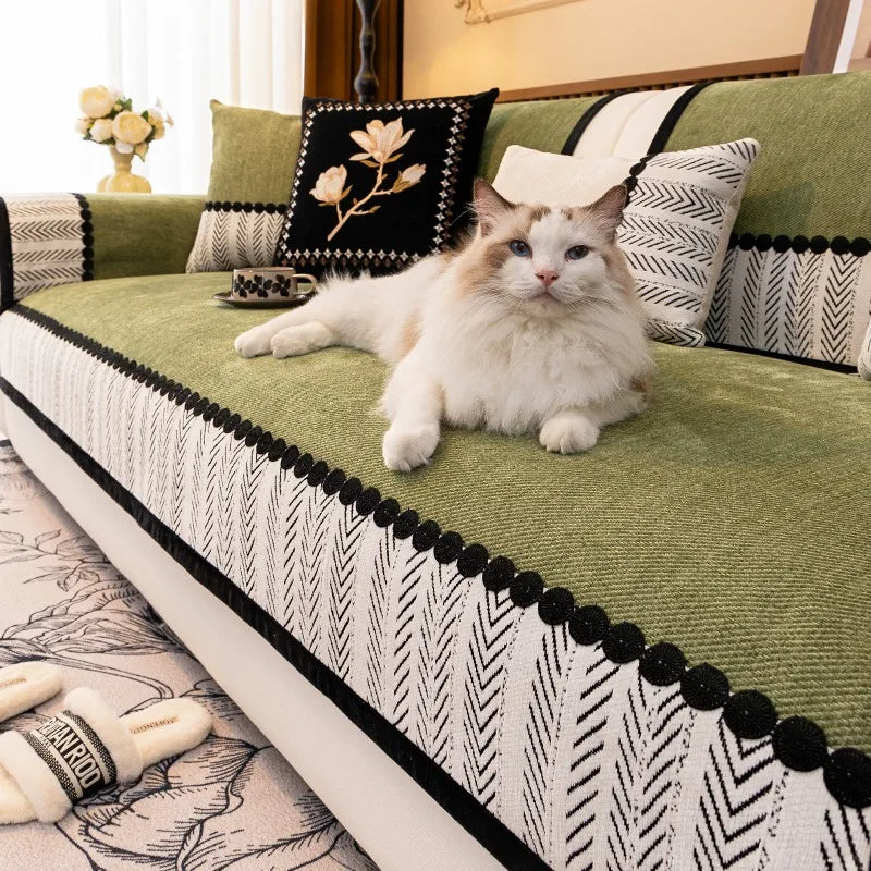Contrast Hem Chenille Sofa Cover Non Slip Couch Protector for All Seasons