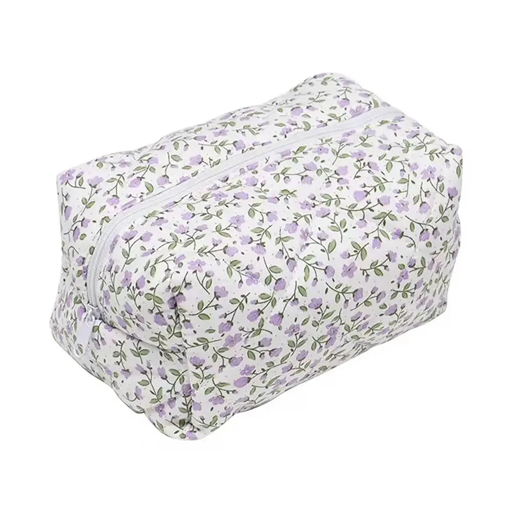 Floral Quilted Zipper Makeup Bag Cosmetic Storage Travel Organizer Pouch