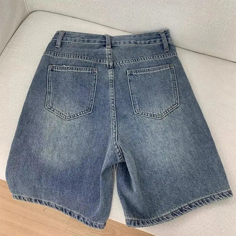 Women Denim Shorts High Waist Wide Leg Knee Length Casual Jeans Summer Fashion