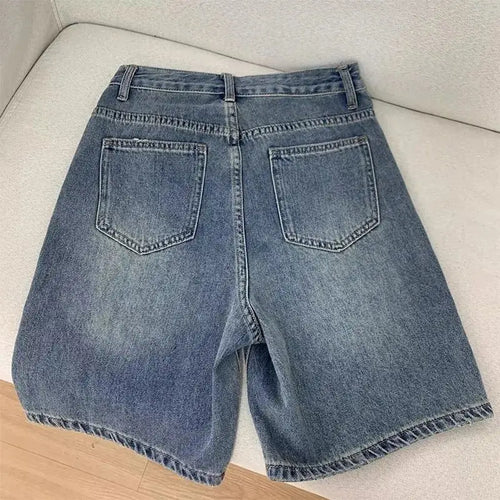 Women Denim Shorts High Waist Wide Leg Knee Length Casual Jeans Summer Fashion