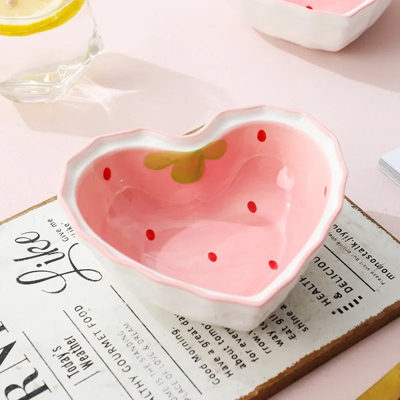 Strawberry Ceramic Ramen Bowl with Spoon Cute Anti Scald Instant Noodle Bowl