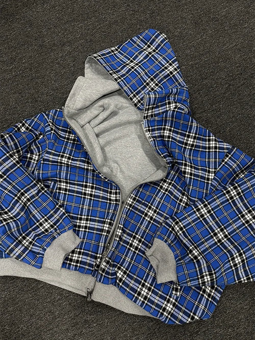 Women Plaid Zip Up Hoodie Double Sided Warm Hooded Sweatshirt