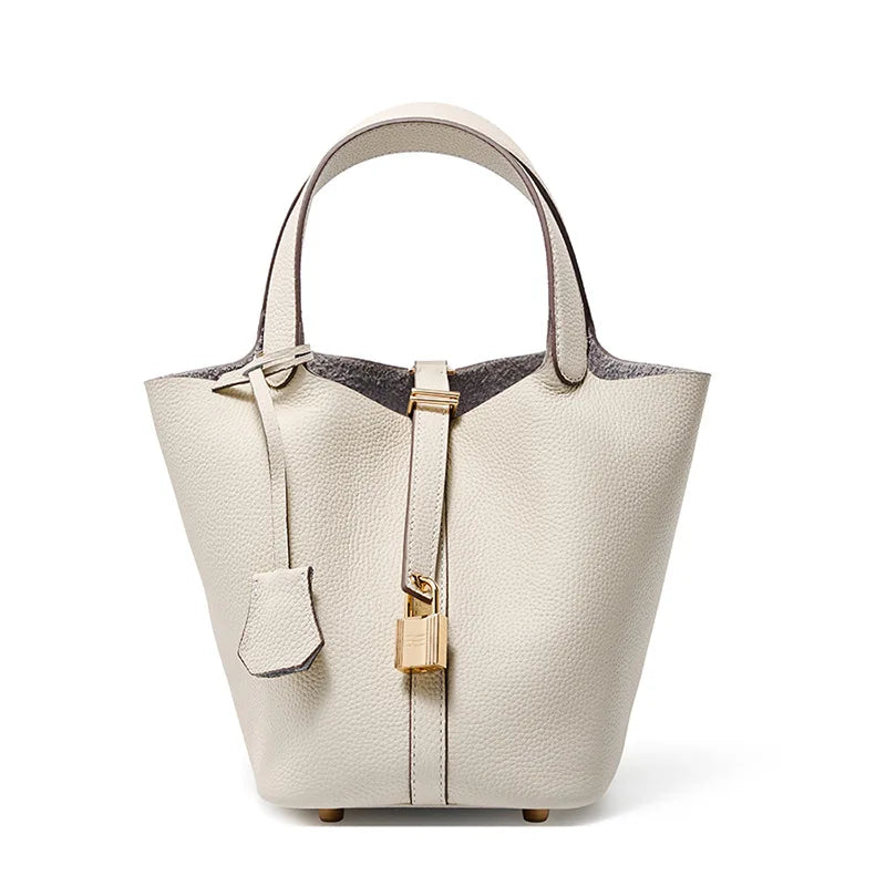 Women Bucket Handbag Soft PU Litchi Pattern Tote Bag with Lock and Scarf