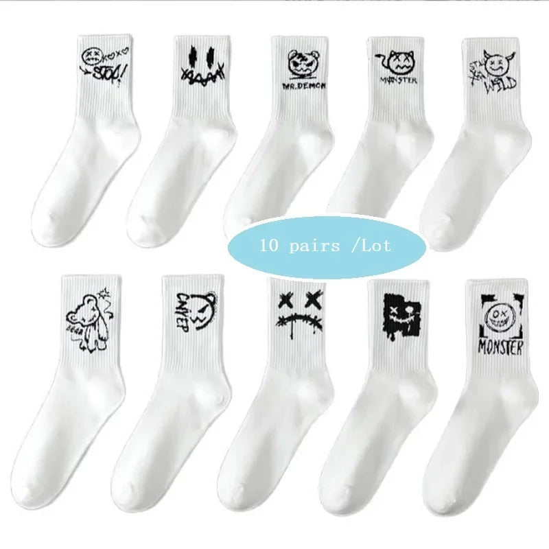 Cotton Harajuku Graffiti Long Socks Black White Anime Hip Hop Funny Fashion Socks 10 Pairs