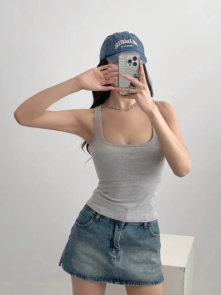 Women Square Neck Slim Fit Tank Top Athletic Crop Workout Top