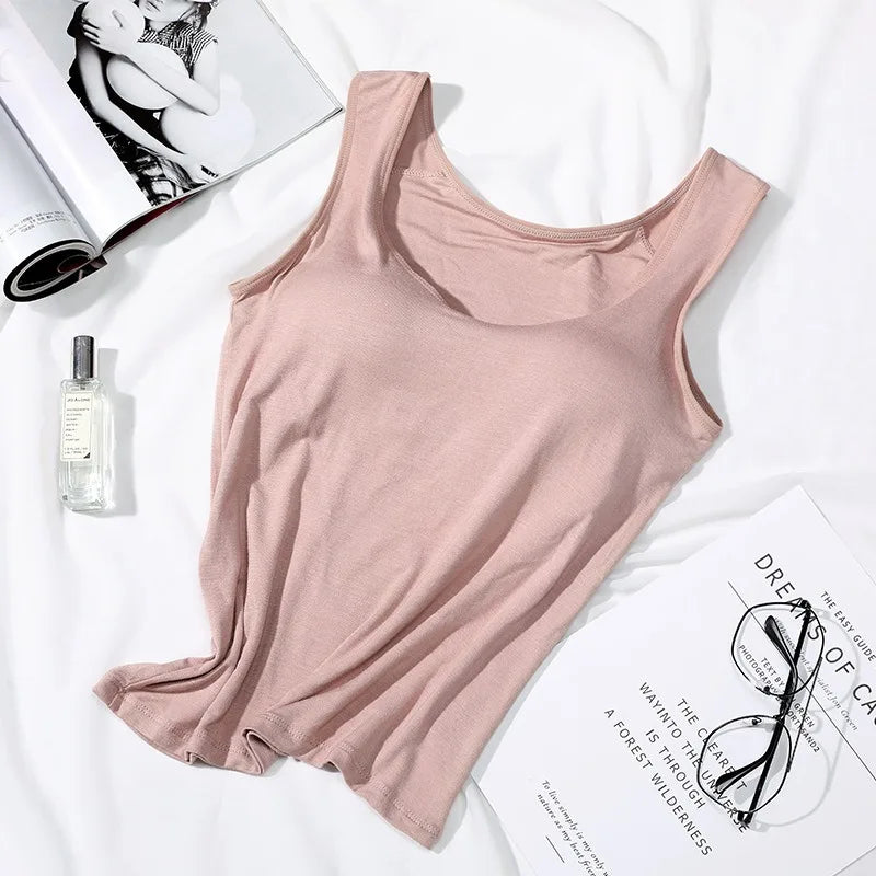 Women’s Padded Tank Top with Built In Bra Slim Fit Solid Color Vest