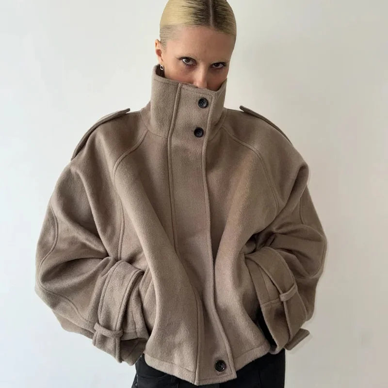 Women Stand Collar Wool Blend Jacket Loose Zip Up Coat