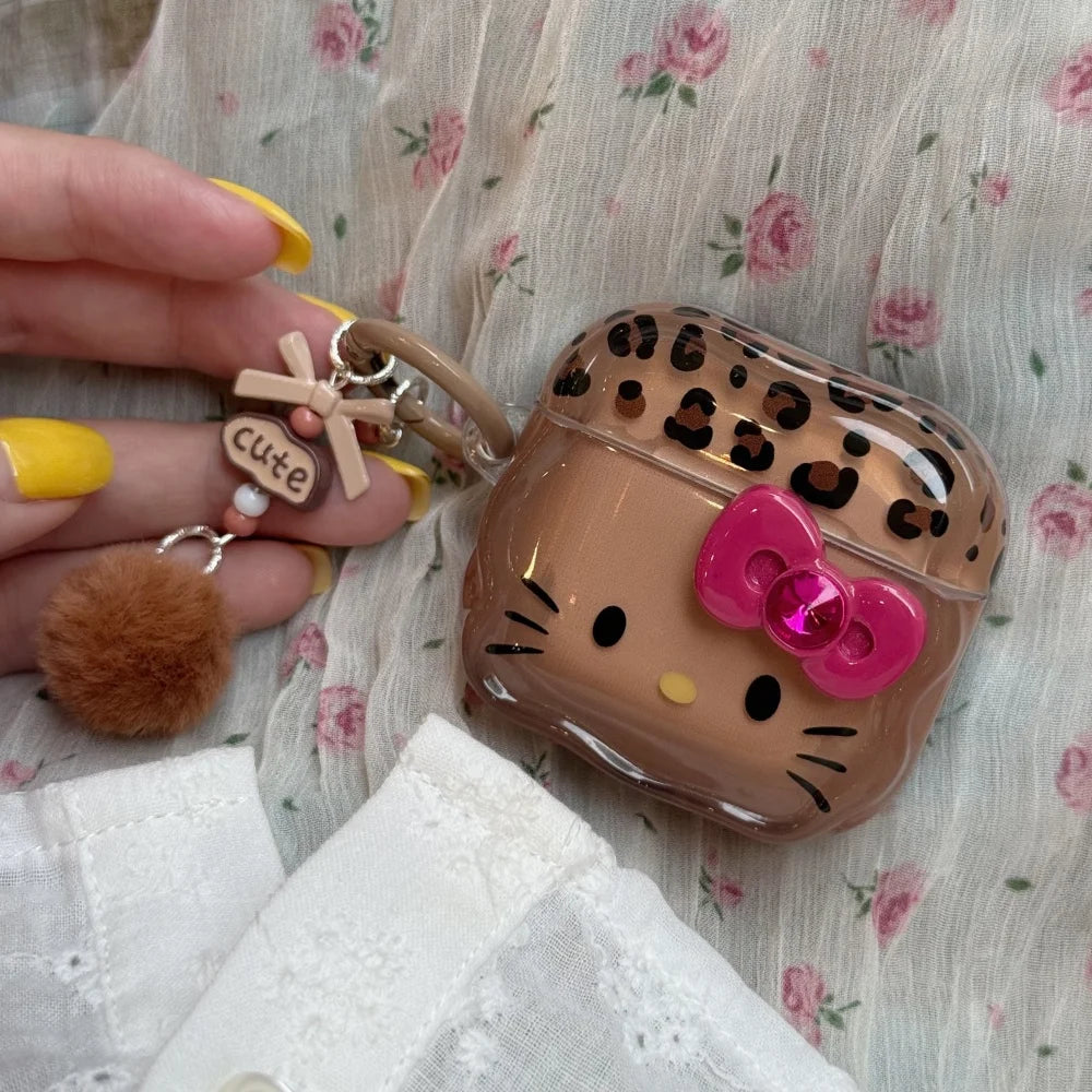Leopard Print KT Cat AirPods Case 3D Bow Protective Cover with Keychain