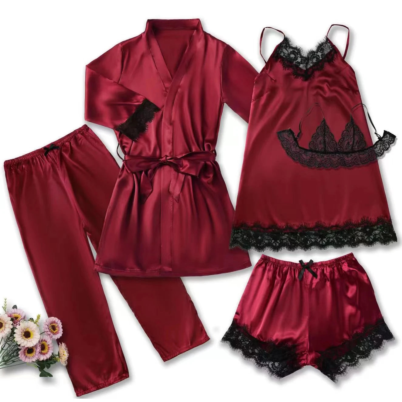 Women’s Pink Satin Pajama Set with Lace Robe Nightdress and Pants