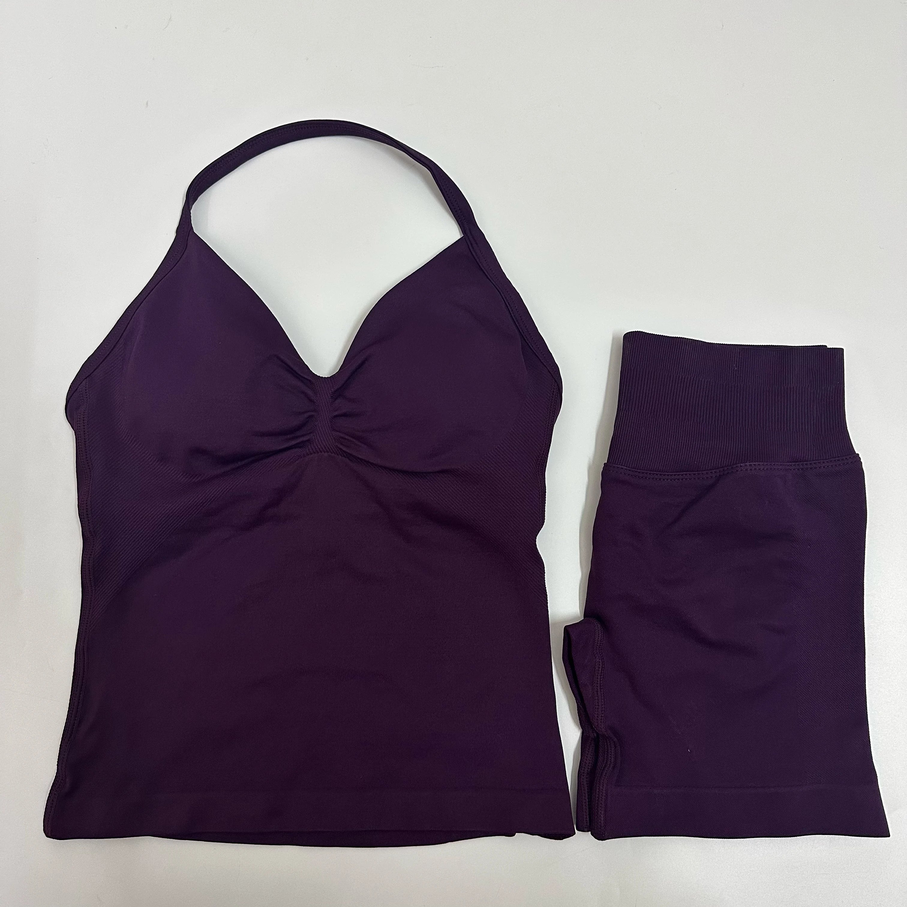 Seamless Yoga Set Women Strappy Tank Top Scrunch Shorts Gym Workout Outfit