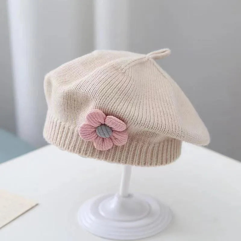 Baby Girl Flower Beret Warm Knit Beanie Hat