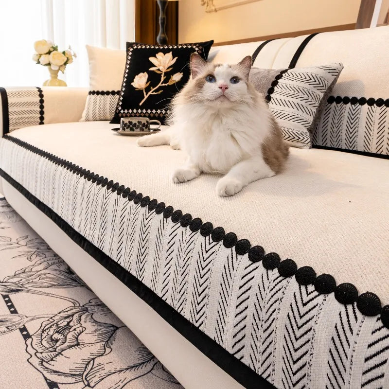 Contrast Hem Chenille Sofa Cover Non Slip Couch Protector for All Seasons