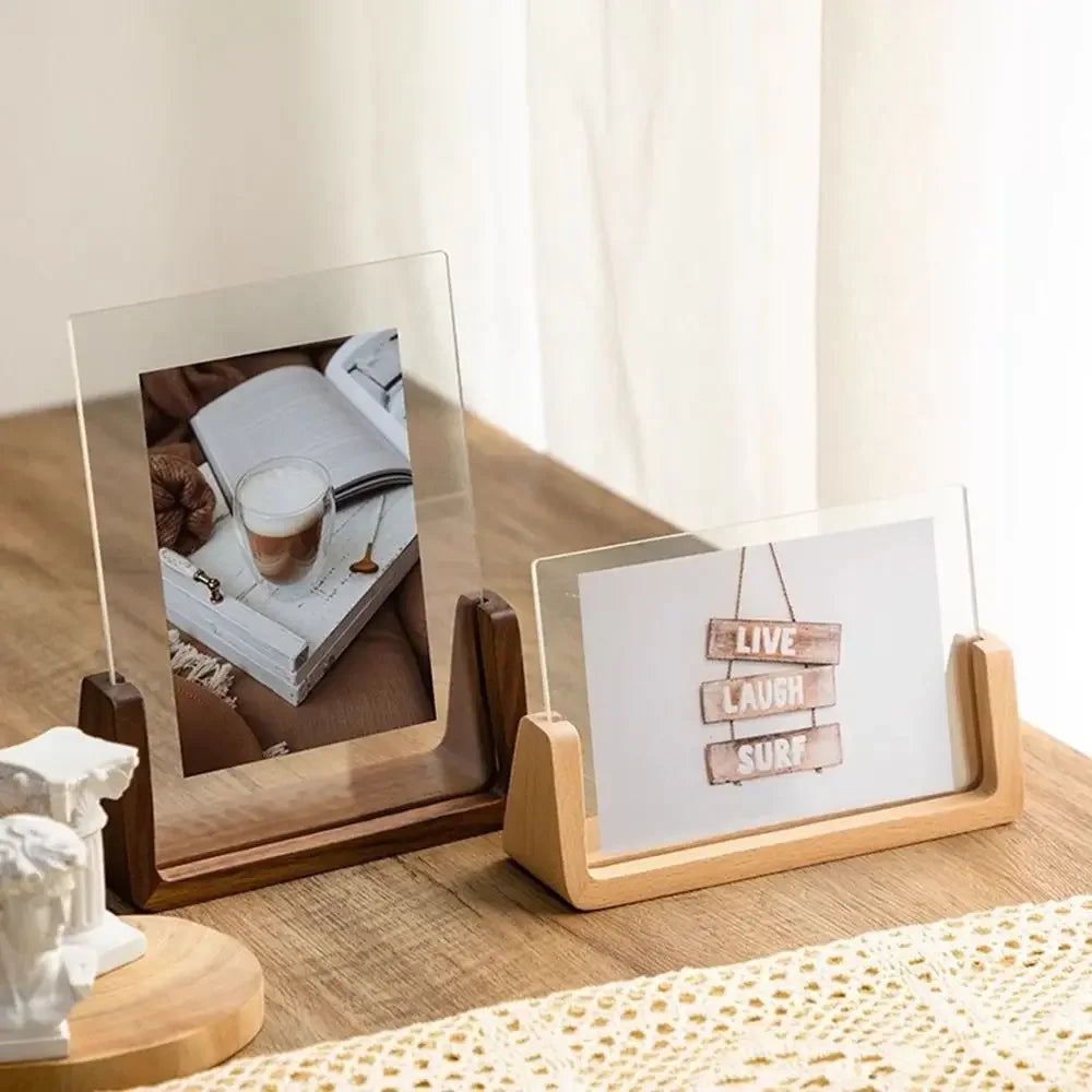 Acrylic U Shape Photo Frame Wooden Base Desktop Frame for Wedding Office Decor