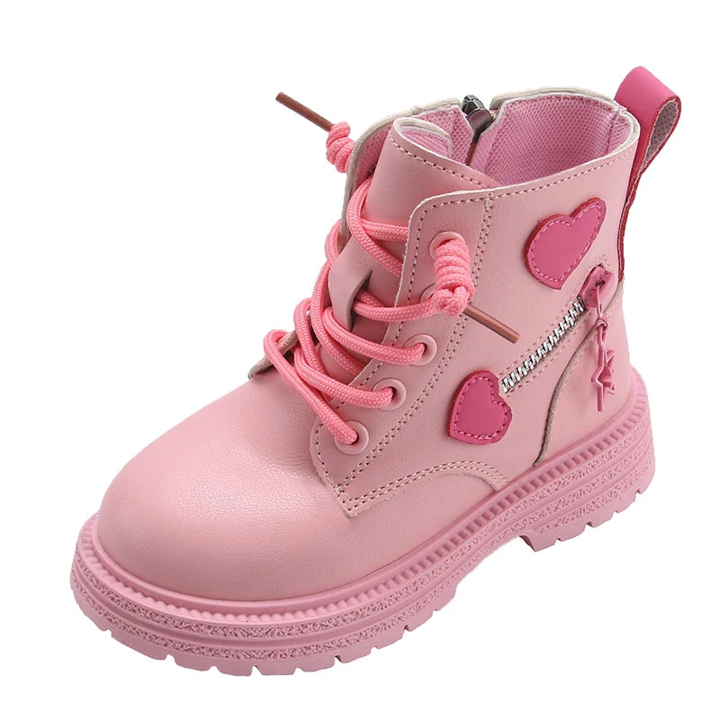 Girls Pink Love Side Zip Winter Boots Soft Sole PU Princess Shoes