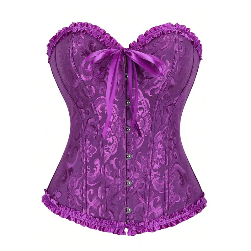 Women Floral Jacquard Corset Lace Up Bustier Top