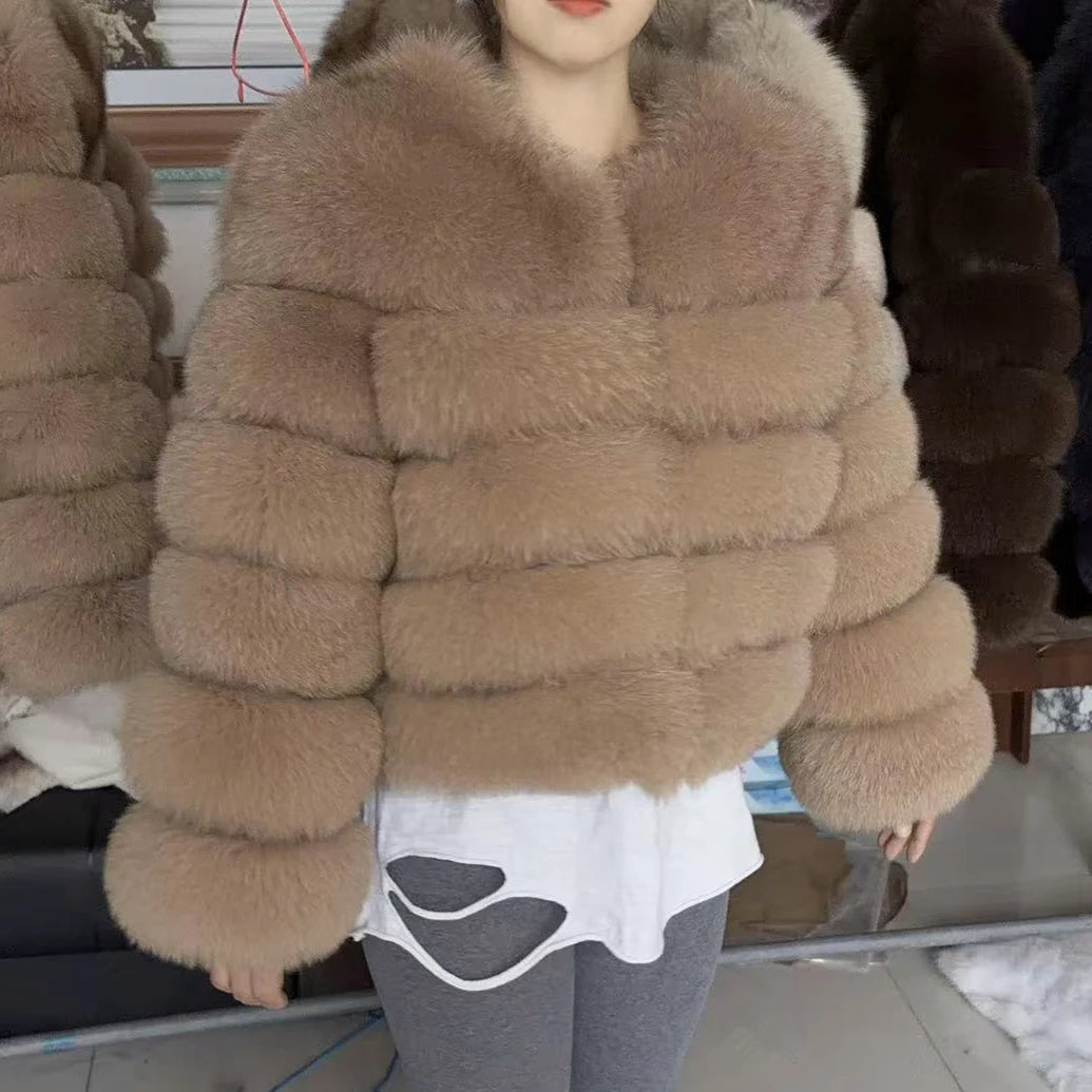 Women Real Fox Fur Winter Coat Brown Leather Jacket