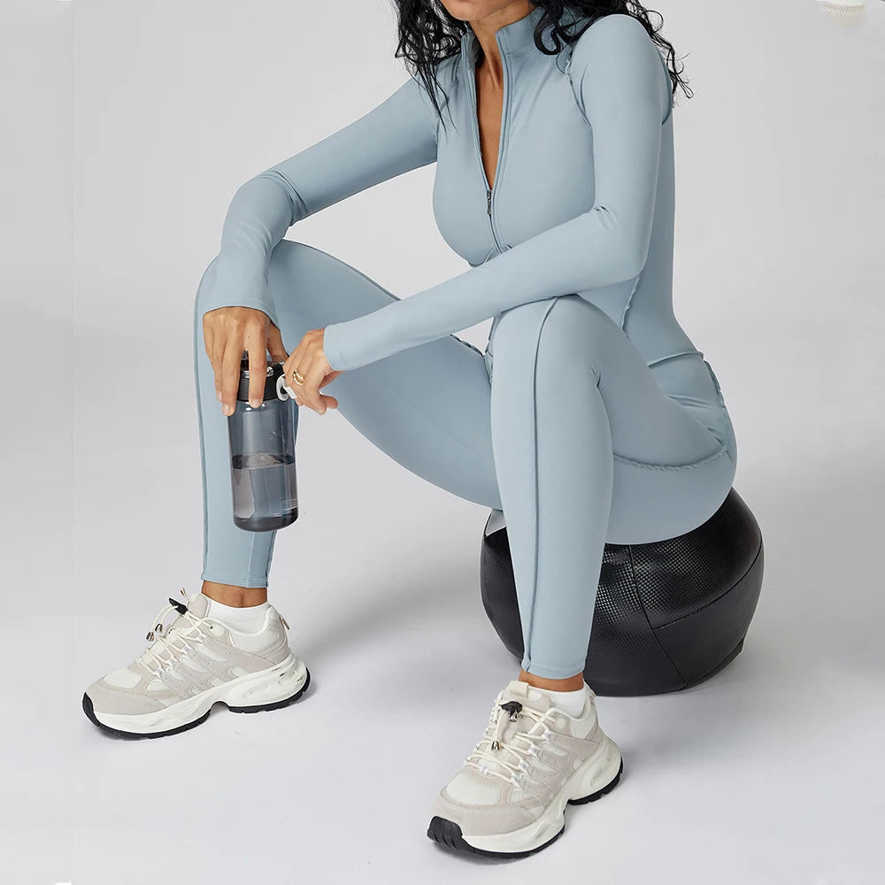Women Long Sleeve Zip Front Fitness Jumpsuit Body Shaping One Piece Workout Suit
