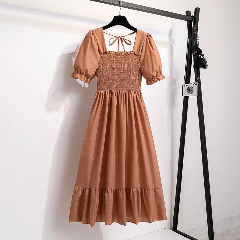 Women’s Chiffon A-Line Dress Short Sleeve Pleated Elastic Waist Casual Summer Dress