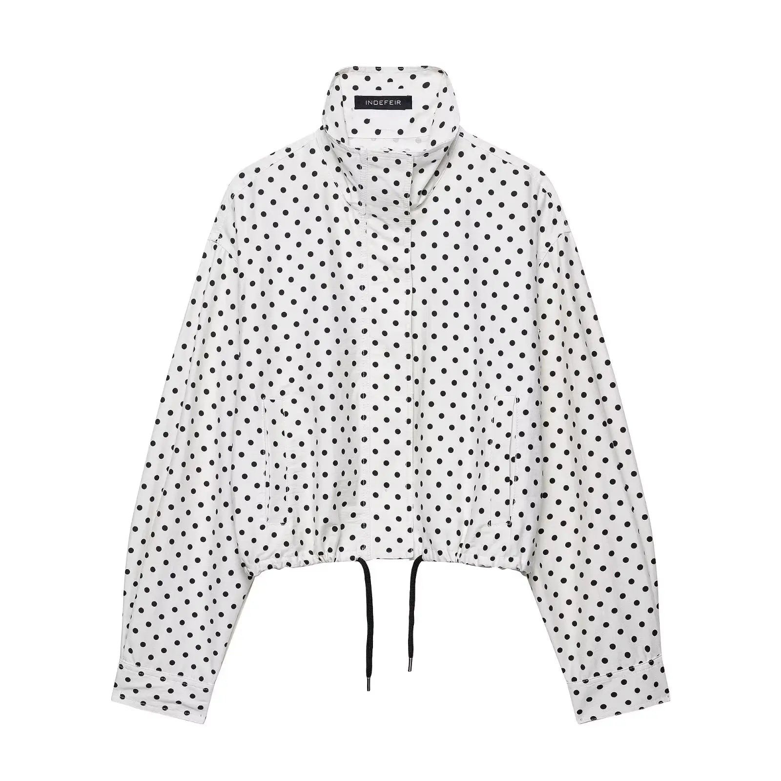 Women Polka Dot Jacket Turtleneck Long Sleeve Casual Coat with Zipper and Pockets
