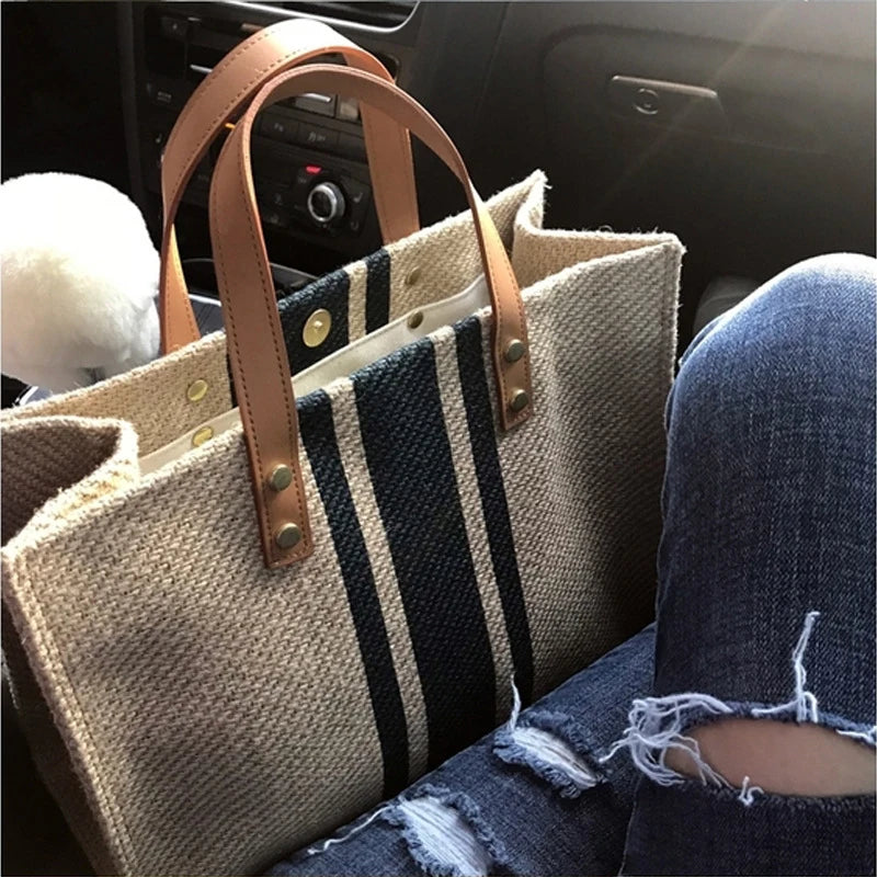 Canvas Stripe Bucket Tote Bag Large Capacity Women Handbag