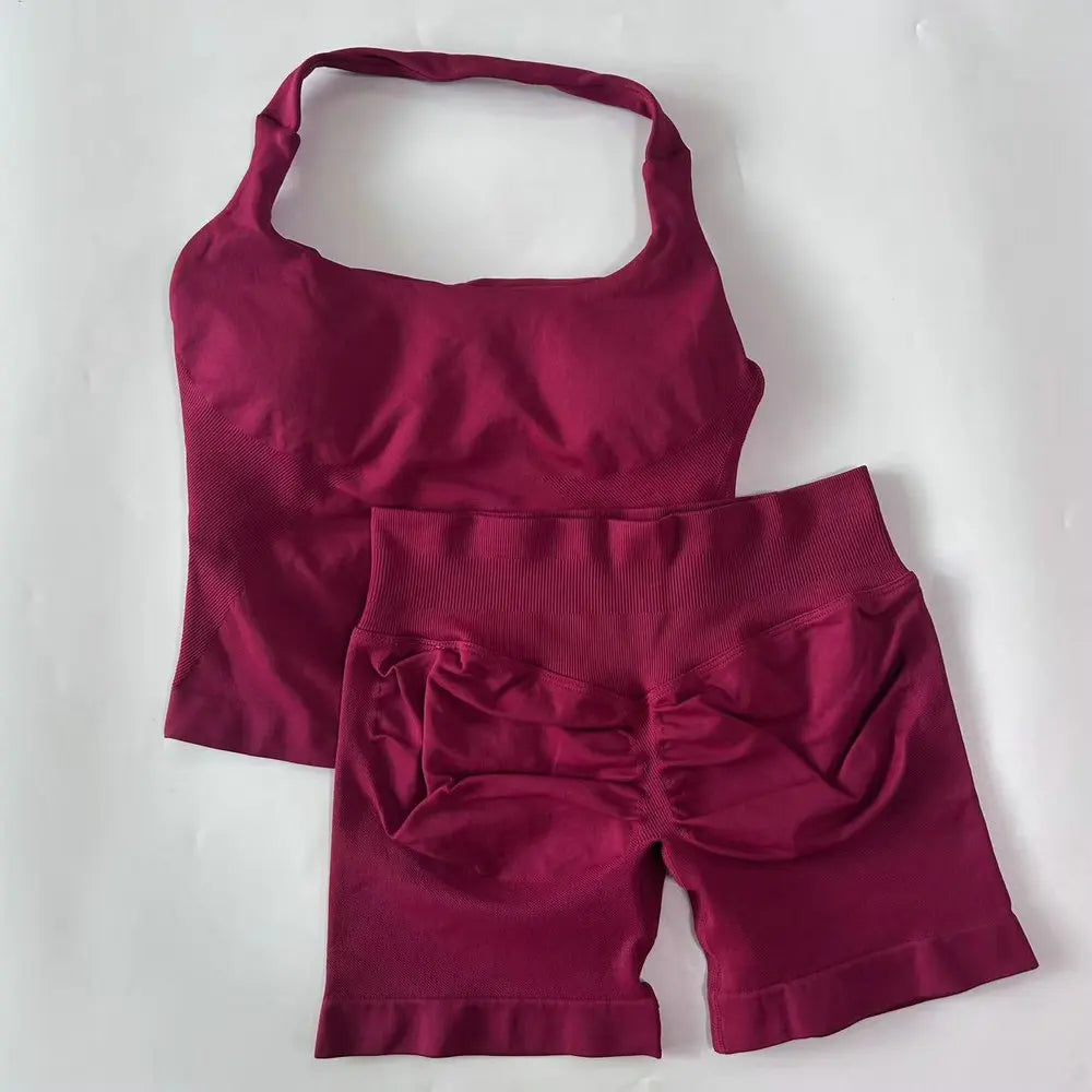 Yoga Set Women Seamless Tank Top High Waist Scrunch Shorts Gym Workout Set