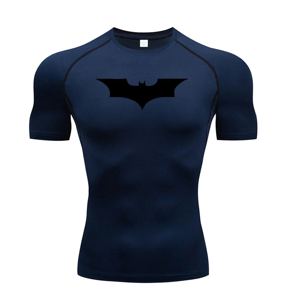Men Bat Print Compression T Shirt Short Sleeve Gym Running Fitness Tee