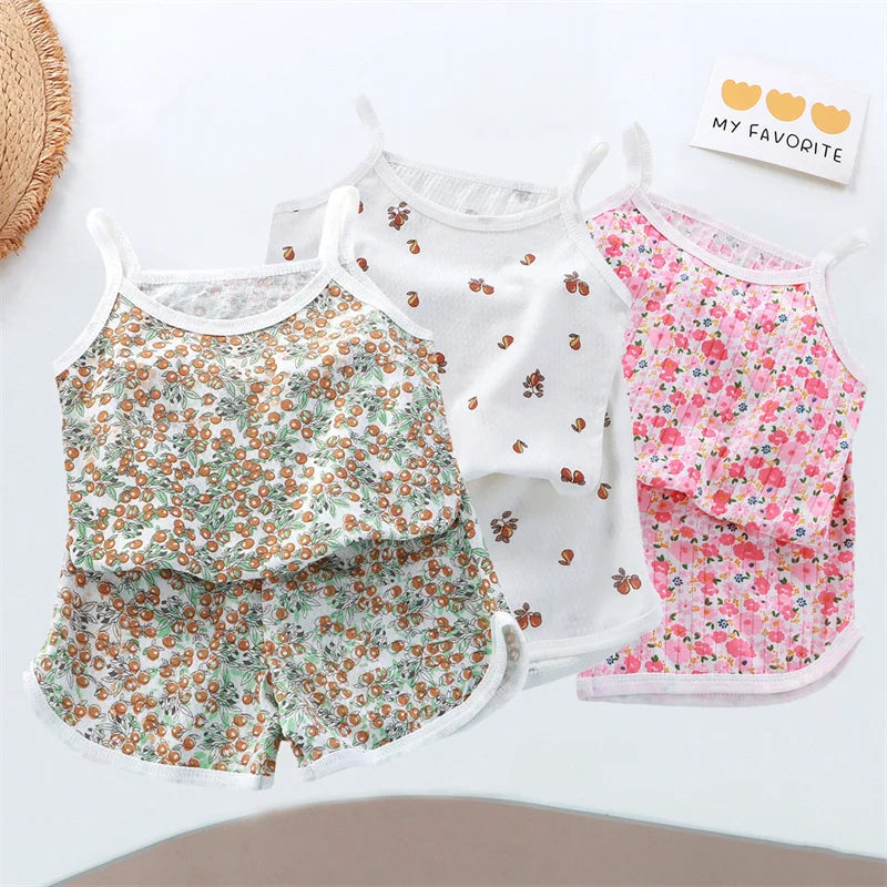 Girls Cotton Sleeveless Vest and Shorts Set Summer Thin Kids Loungewear