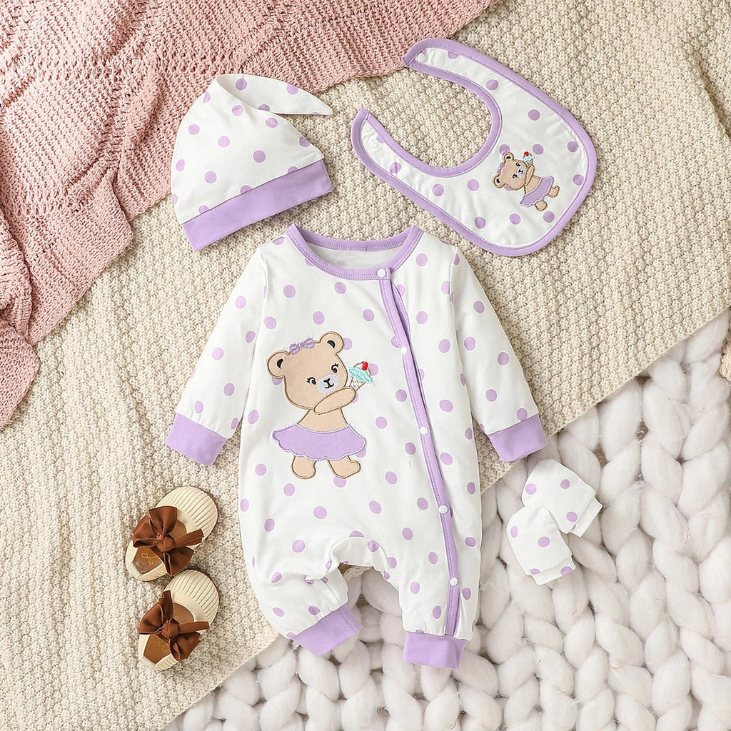 Newborn Baby Girl 4PCS Bear Polka Dot Jumpsuit Set with Hat Bib