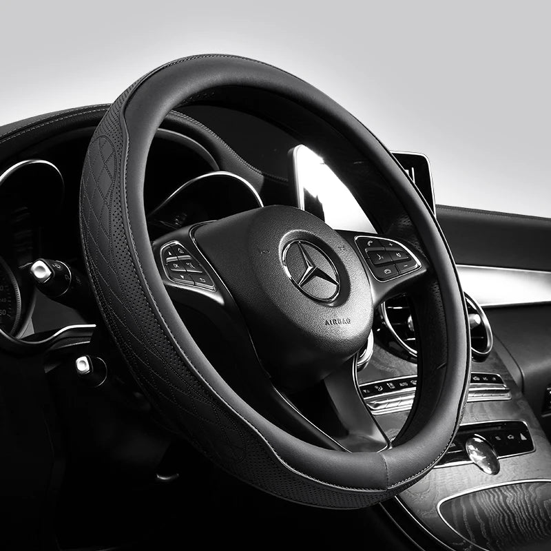 Nappa Leather Steering Wheel Cover 15 Inch Non Slip Breathable Universal Car Cover