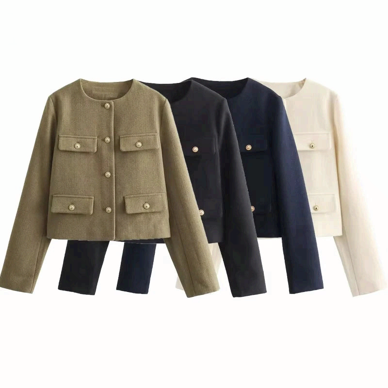 Women Tweed Cropped Jacket Vintage Button Long Sleeve Short Coat