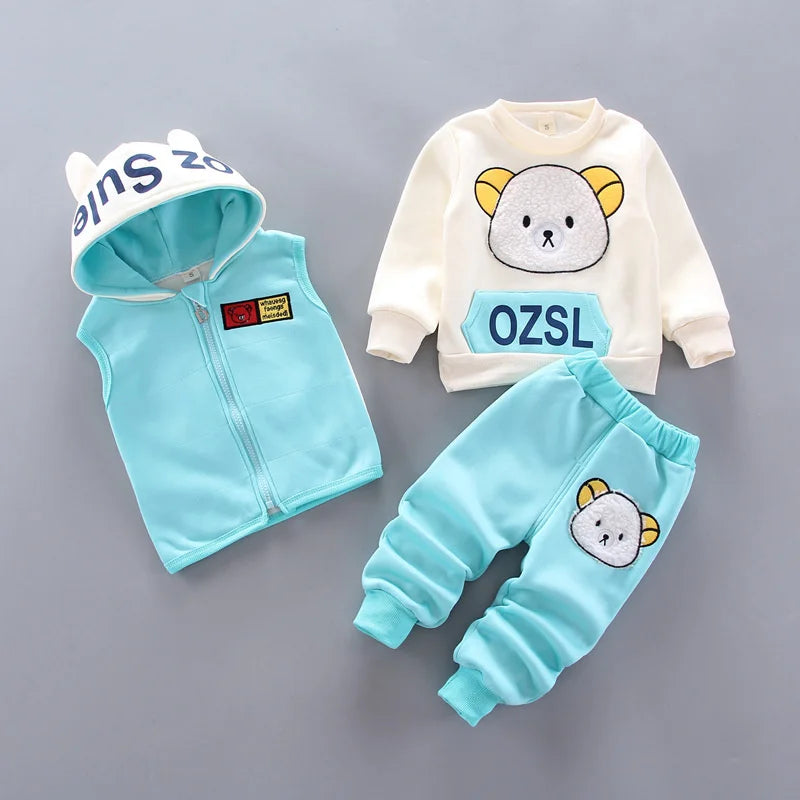 Baby Boys Girls Plus Velvet Fleece Pajama Set Winter Warm 3 Piece Sleepwear