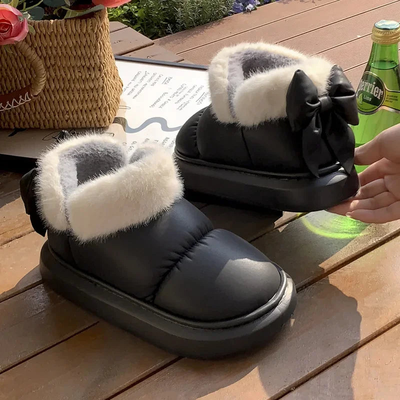 Women Winter Ankle Boots Plush Bow Warm Snow Boots Waterproof Short Cotton Shoes