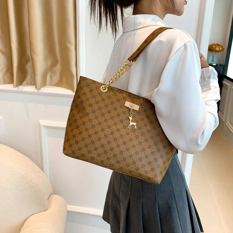 Soft Leather Women Tote Bag Large Capacity Shoulder Bag with Hanging Accessories