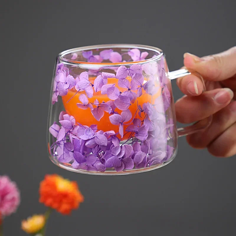 200ml Double Wall Flower Glass Mug with Handle for Coffee and Milk Tea