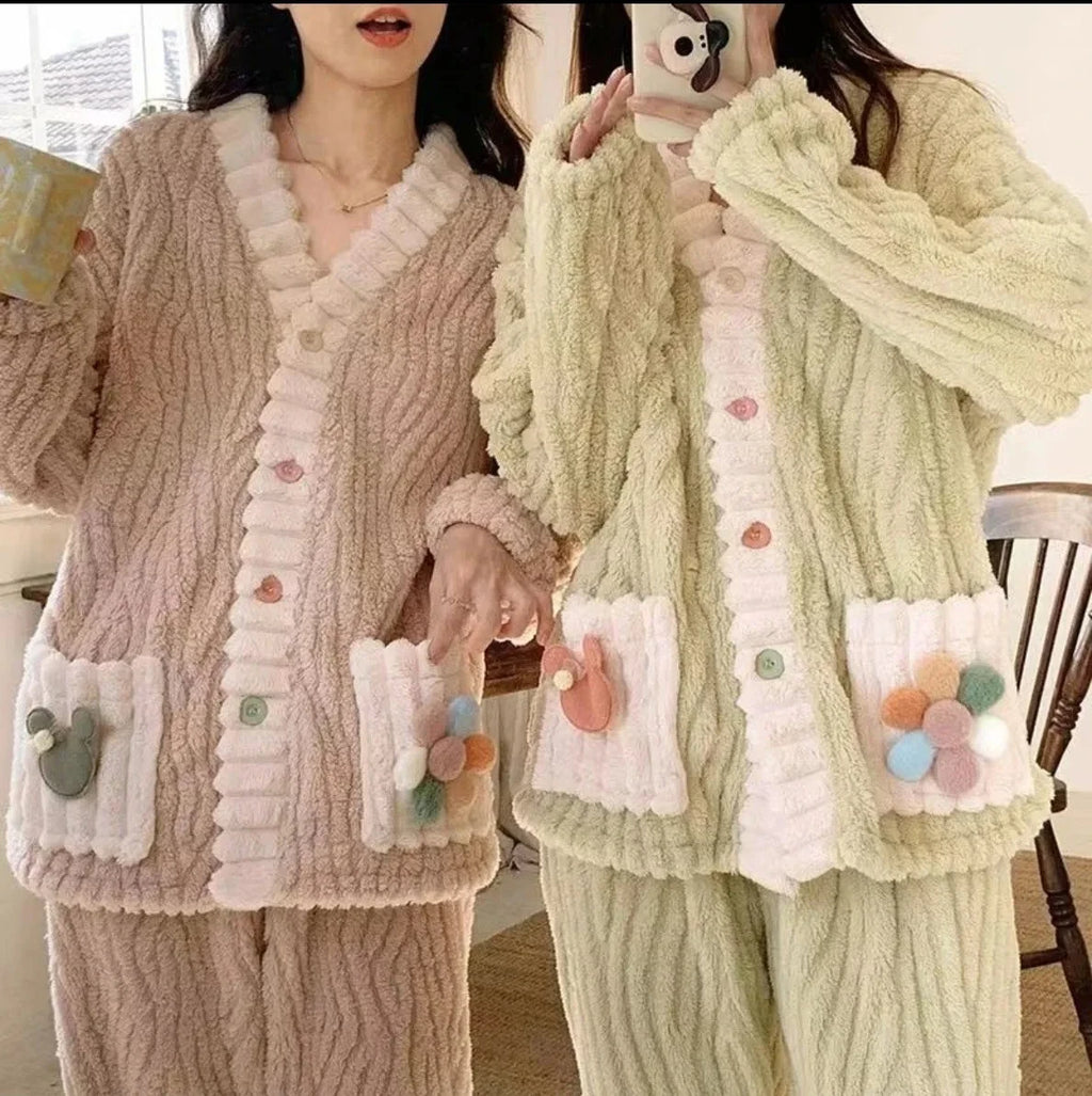 Women Flannel Pajama Set Warm Soft Kawaii Homewear Suit