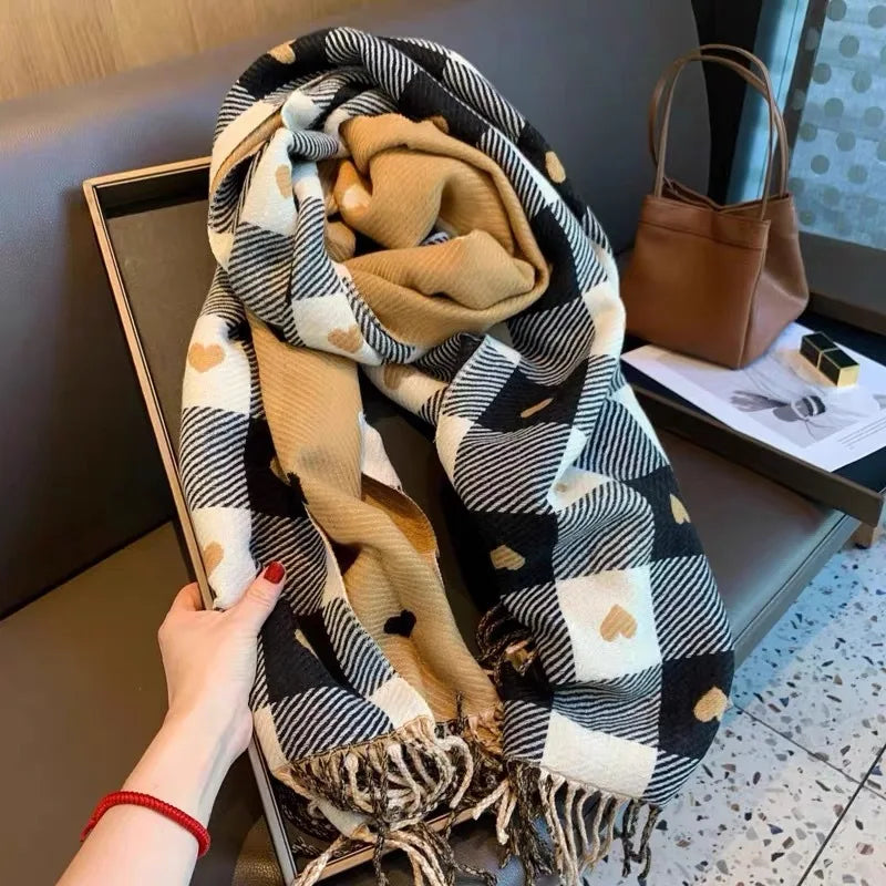 Women Heart Plaid Scarf Thick Winter Blanket Shawl Wrap