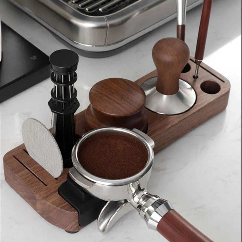 Espresso Tamper Mat Station Walnut Wood Portafilter Holder 51 54 58mm