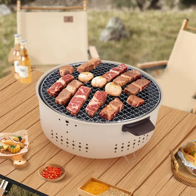 Portable Round Charcoal BBQ Grill Stainless Steel Korean Style Outdoor Camping Barbecue Stove