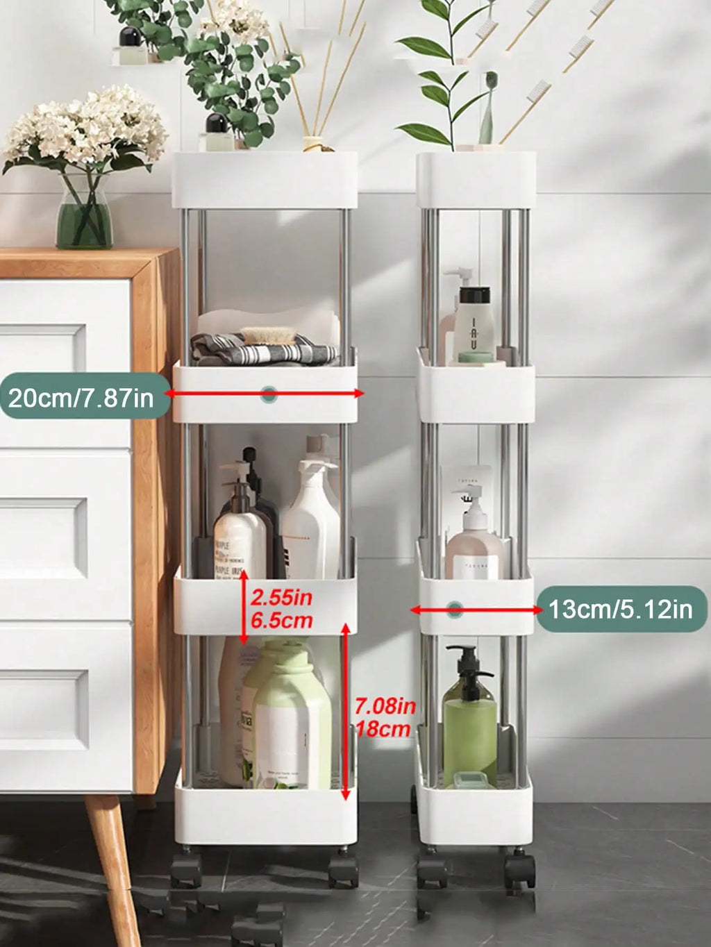 3/4 Tier Rolling Utility Cart Slim Storage Shelf Movable Kitchen Bathroom Rack