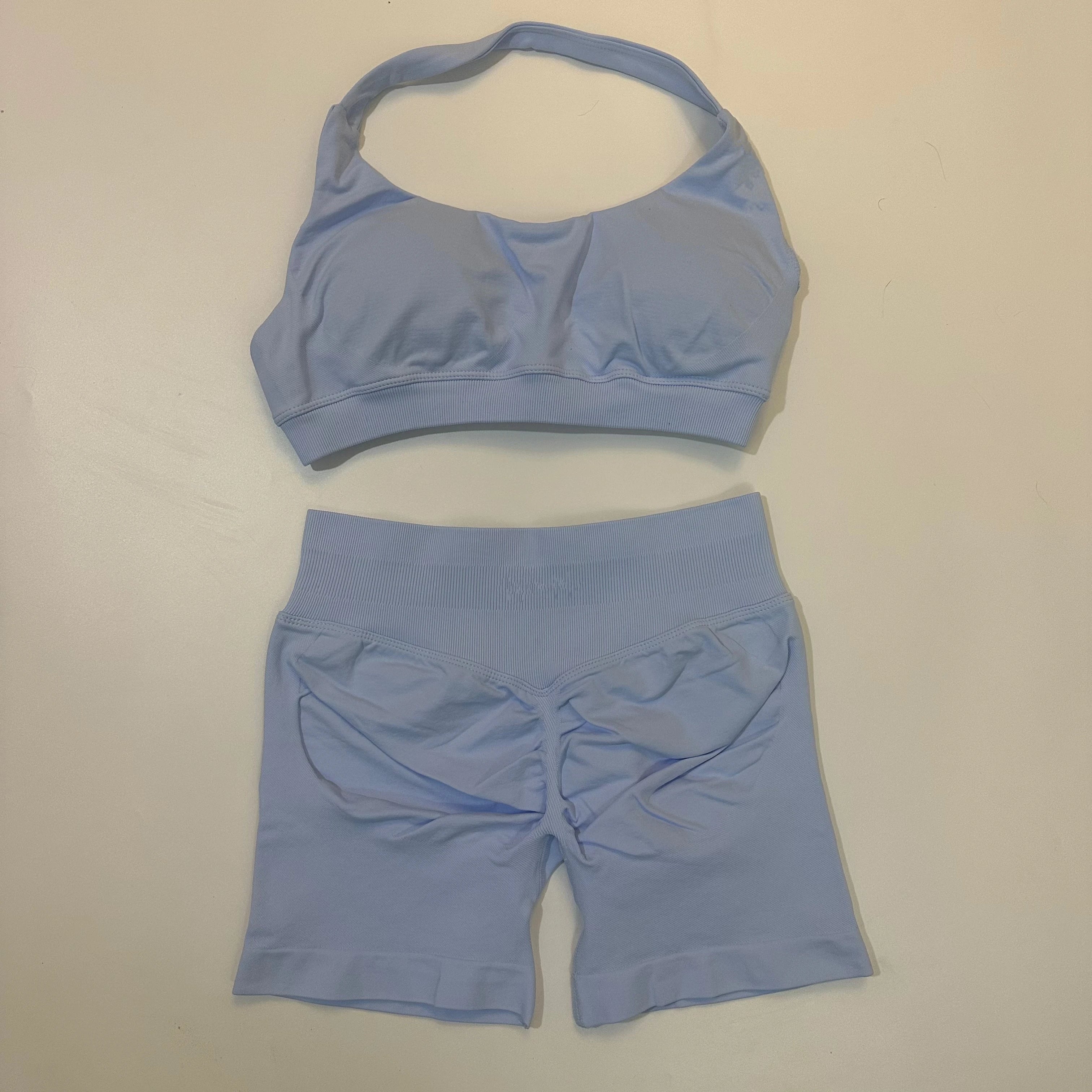 Seamless Yoga Set Halter Sports Bra Scrunch Shorts Gym Workout Fitness Set