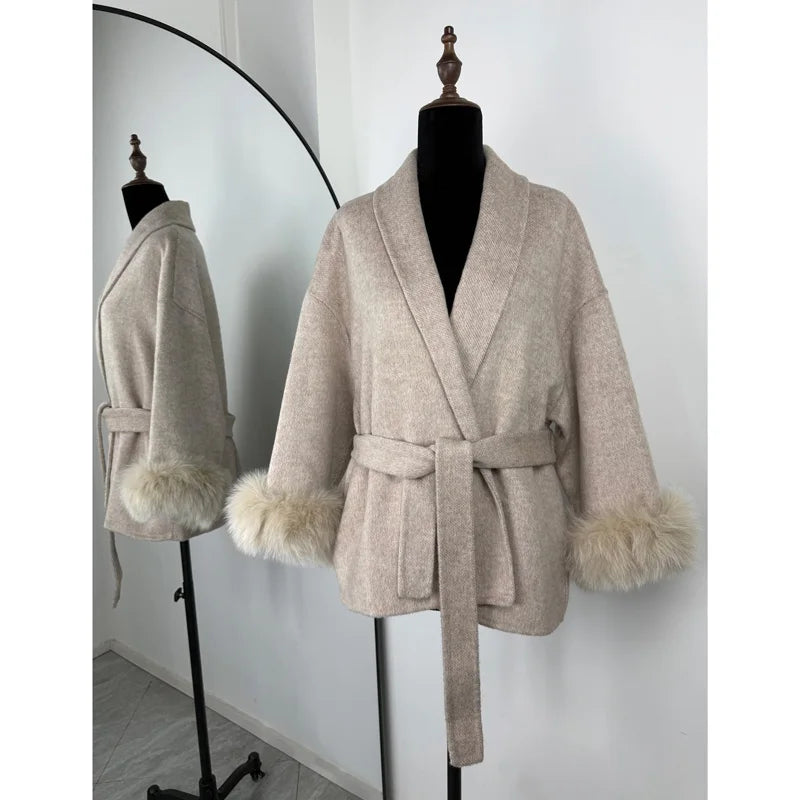 Women Wool Coat Faux Fur Collar Short Double Sided Elegant Jacket